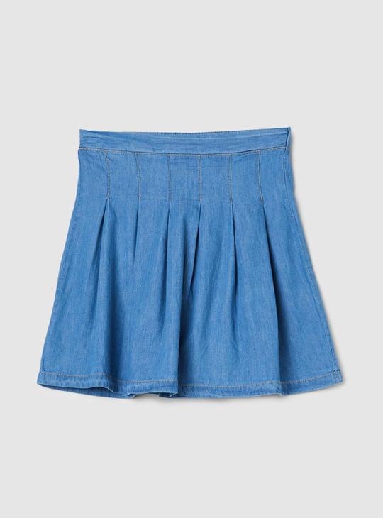 Girls Pleated Denim Skirt