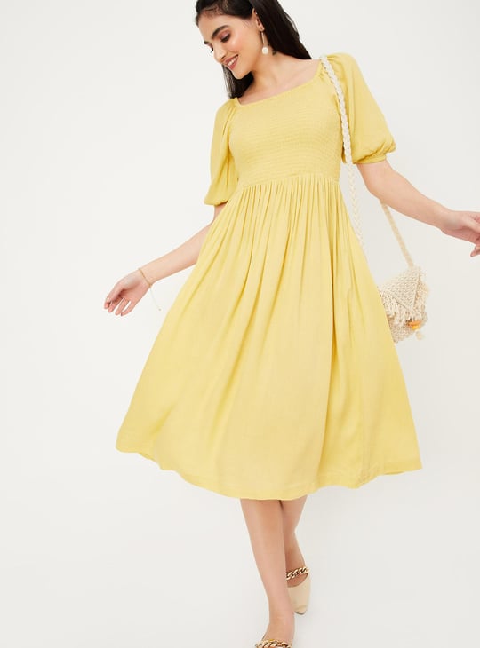 Women Smocked Fit and Flare Dress | Brown | Smocked