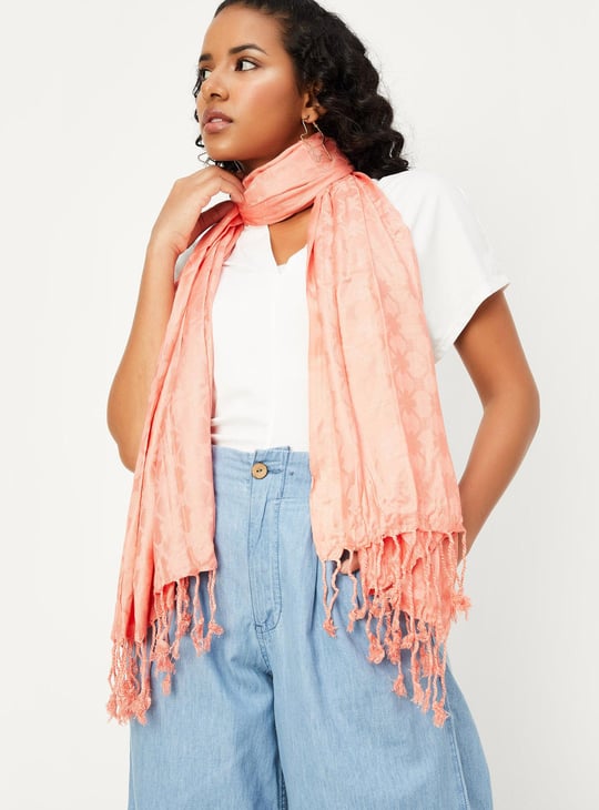 Women Jacquard Scarf with Tassel Trim