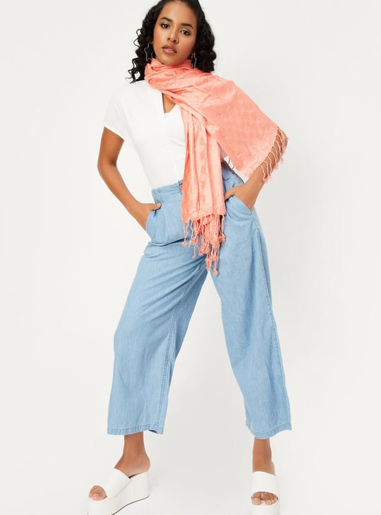 Women Jacquard Scarf with Tassel Trim