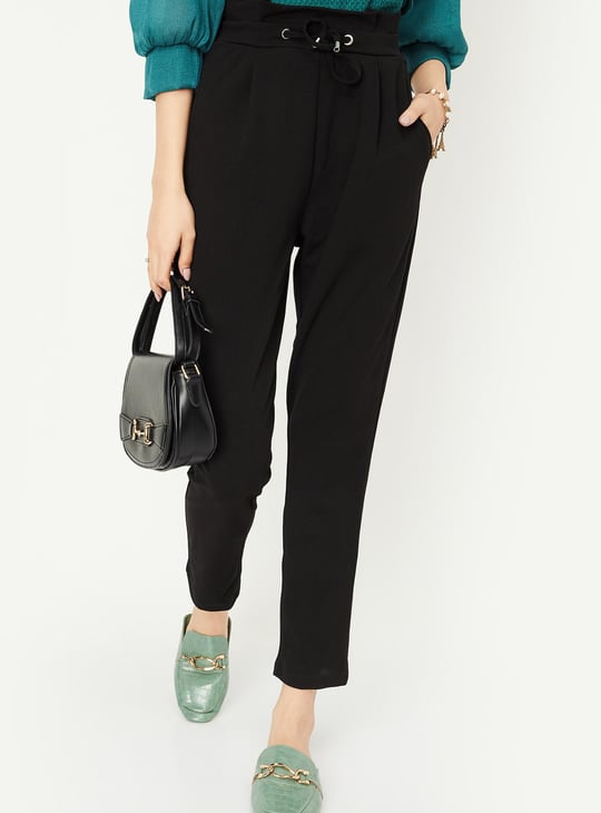 Women Solid Paperbag Waist Treggings