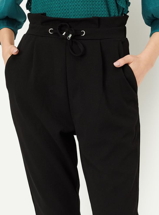 Women Solid Paperbag Waist Treggings