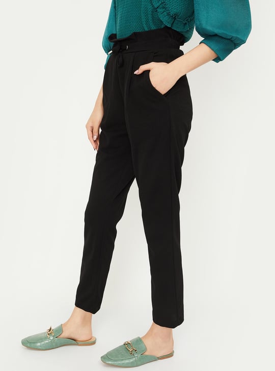 Women Solid Paperbag Waist Treggings