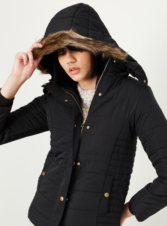 Women Quilted Puffer Jacket with Fur Trim Hood