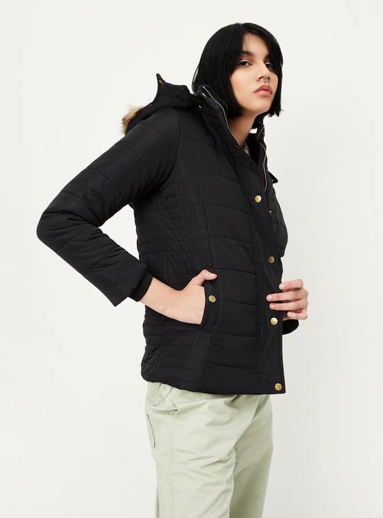 Women Quilted Puffer Jacket with Fur Trim Hood