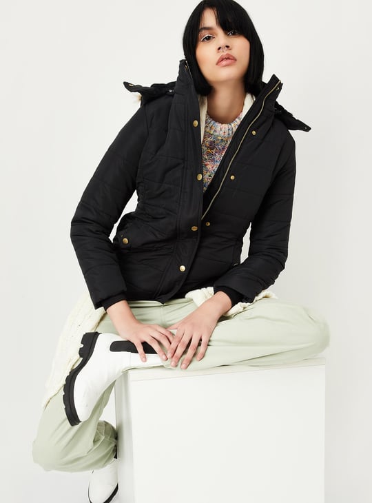 Women Quilted Puffer Jacket with Fur Trim Hood