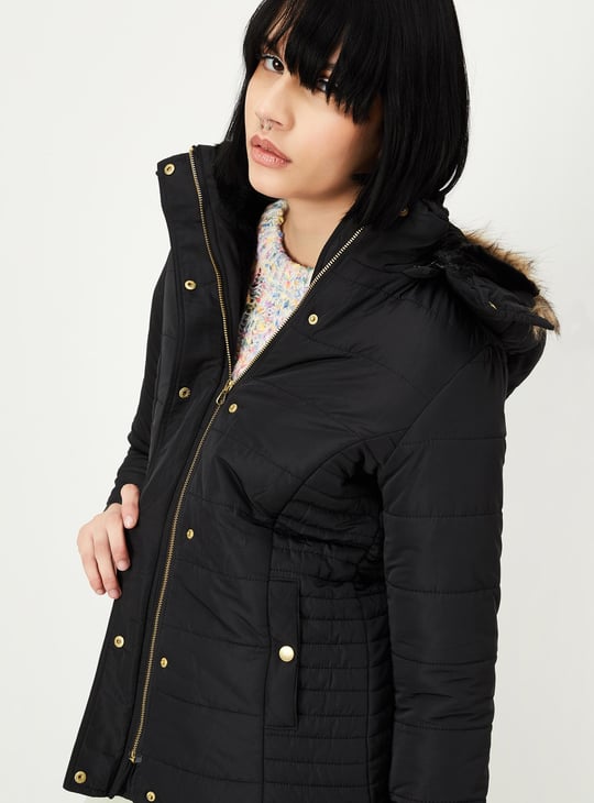 Women Quilted Puffer Jacket with Fur Trim Hood