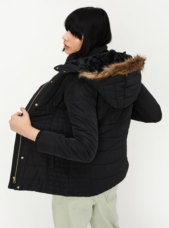Women Quilted Puffer Jacket with Fur Trim Hood