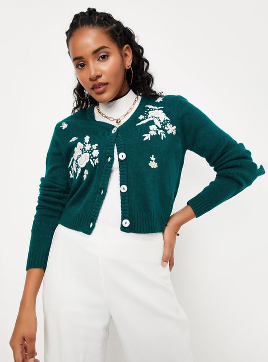Women Floral Embroidered Knit Cardigan