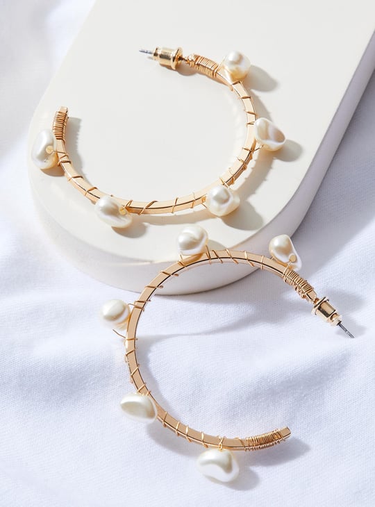 Women Pearl Embellished Hoop Earrings