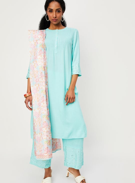 Women Embellished Round Neck Straight Kurta Set