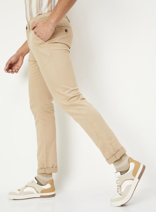 Men Textured Slim Fit Stretch Chinos Brown Textured