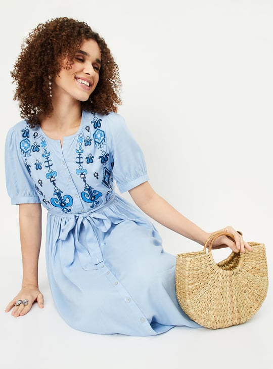 Women Embroidered Midi Boho Dress | Blue