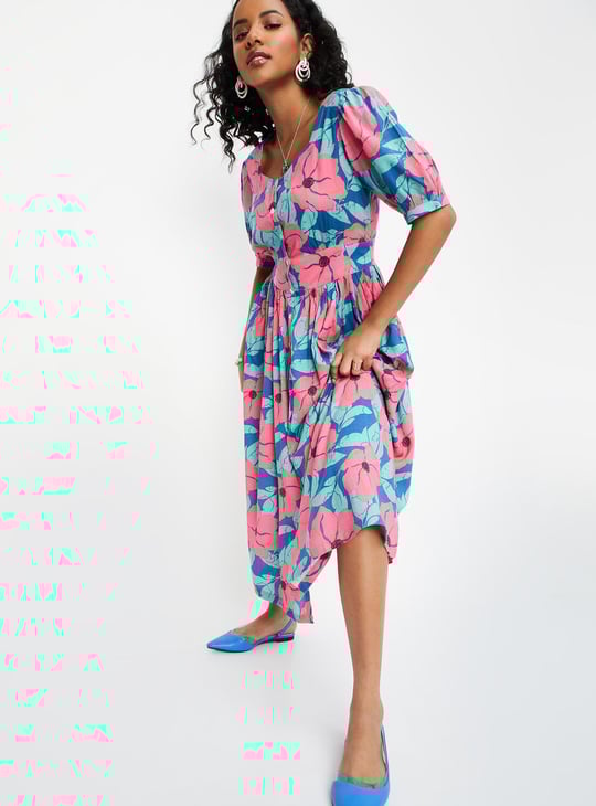 Women Floral Printed Midi Dress Multicolour Midi Dress