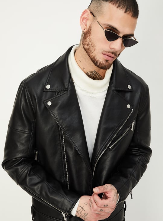 Men Faux Leather Biker Jacket Black