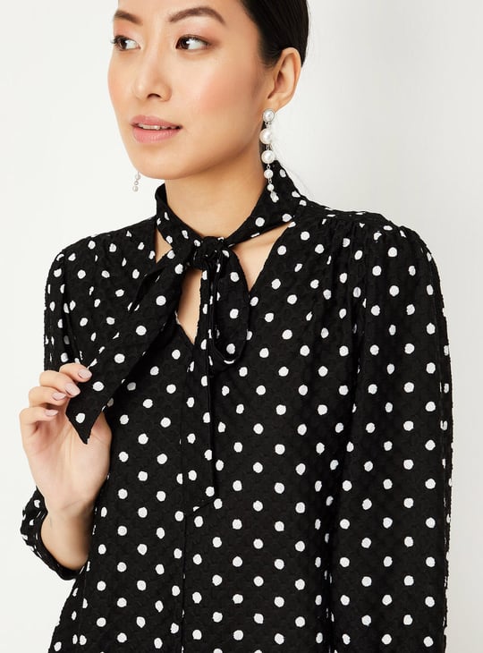 Women Polka Dot Tie-Up Neck Top | Black | Printed