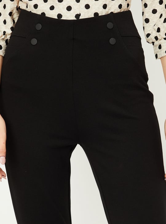 Women Solid Button Accent Treggings