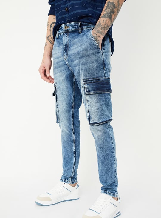 Men Carrot Fit Washed Cargo Jeans