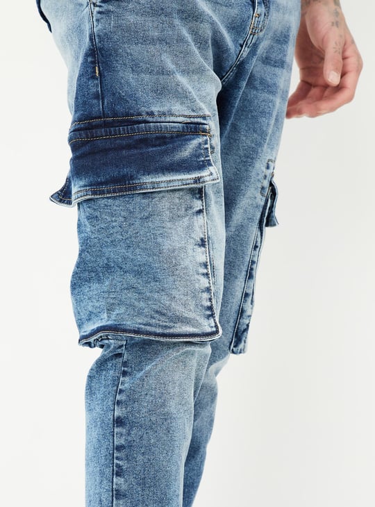Men Carrot Fit Washed Cargo Jeans