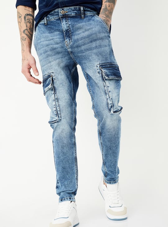 Men Carrot Fit Washed Cargo Jeans
