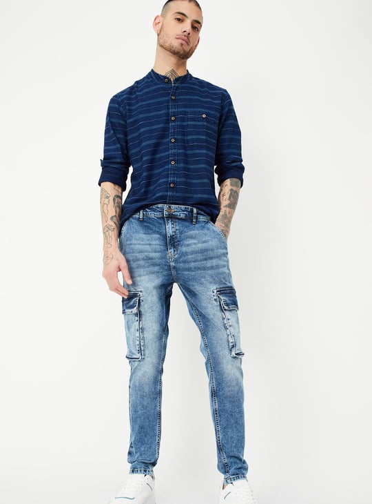 Men Carrot Fit Washed Cargo Jeans