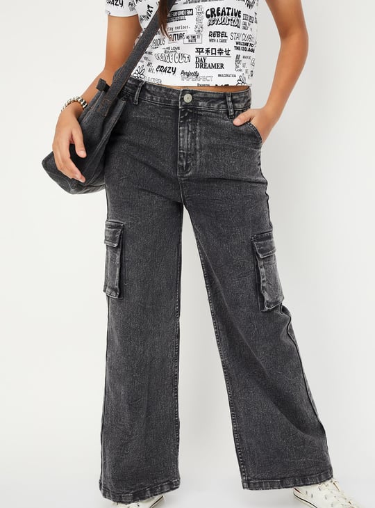Girls Slim Fit Washed Cargo Jeans