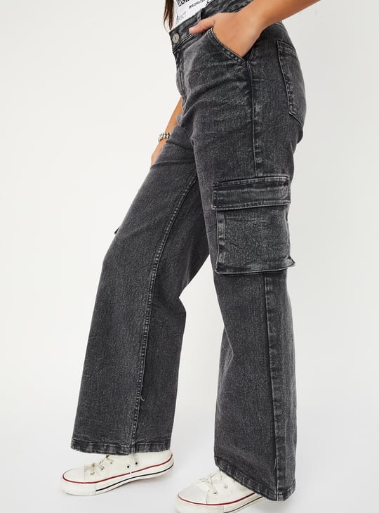 Girls Slim Fit Washed Cargo Jeans