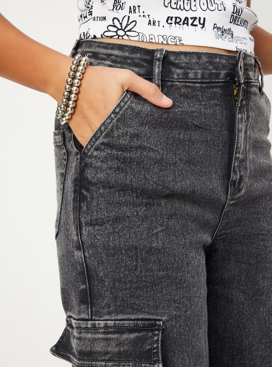 Girls Slim Fit Washed Cargo Jeans