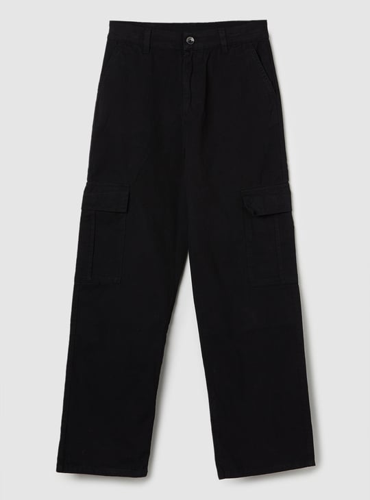 Girls Solid High Waist Cargos