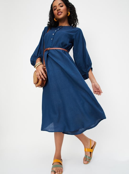 Women Volume Sleeve Belted Dress