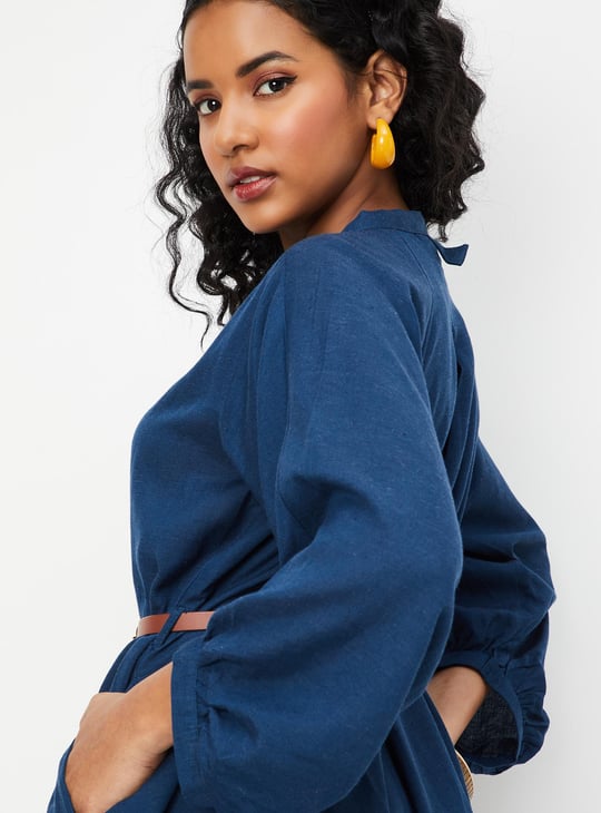Women Volume Sleeve Belted Dress