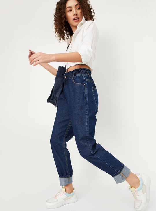 Women Paperbag Waist Mom Fit Jeans