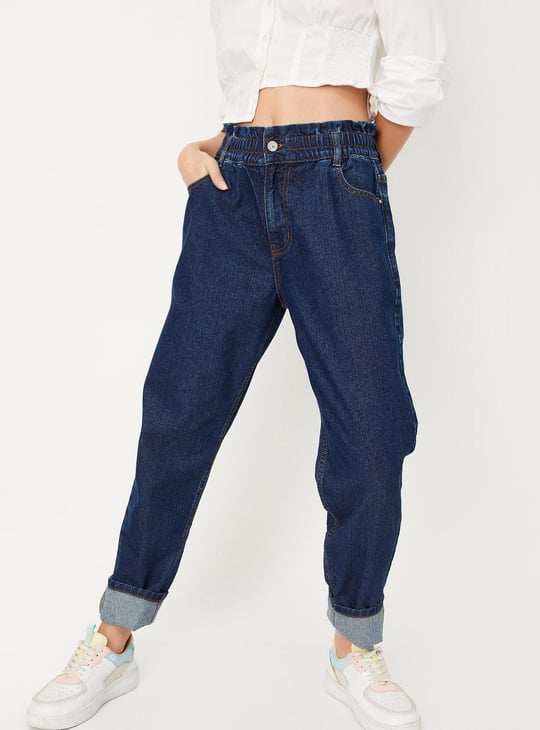 Women Paperbag Waist Mom Fit Jeans