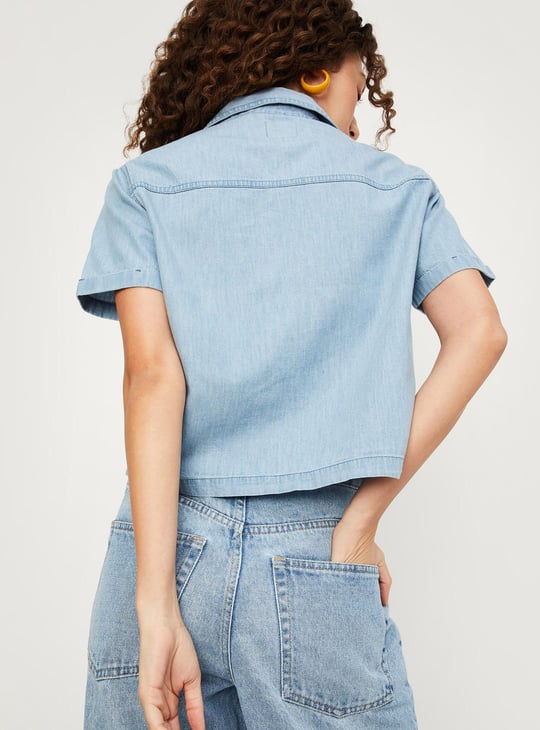 Women Solid Cropped Denim Shirt