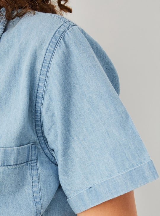 Women Solid Cropped Denim Shirt
