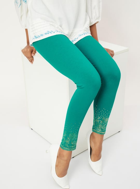 Women Foil Printed Leggings Blue Solid