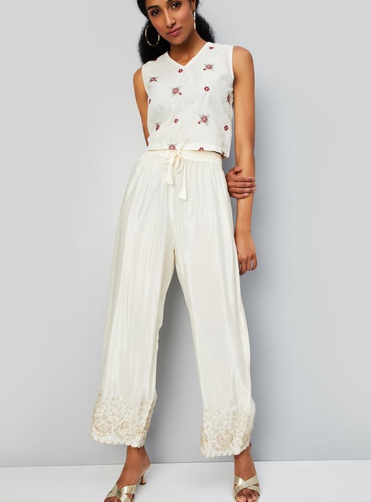 Women Embroidered Drawstring Closure Palazzos