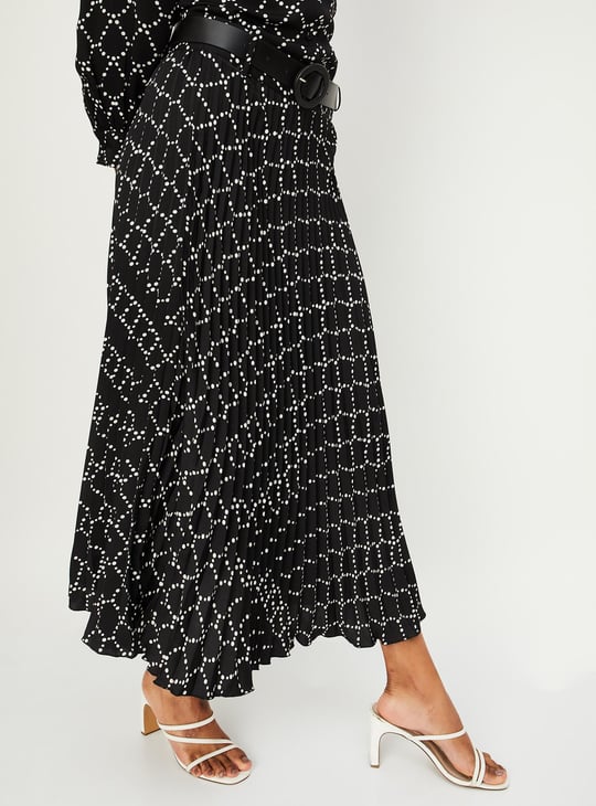 Women Pleated Midi Skirt Black Printed