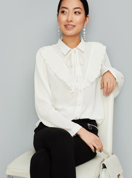 Women Solid Tie-Up Neck Top