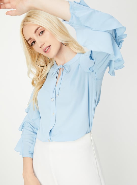 Women Ruffled Tie-Up Neck Blouse with Camisole