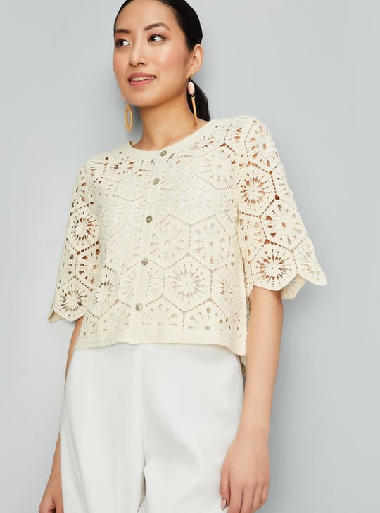 Women Knit Round Neck Crochet Top