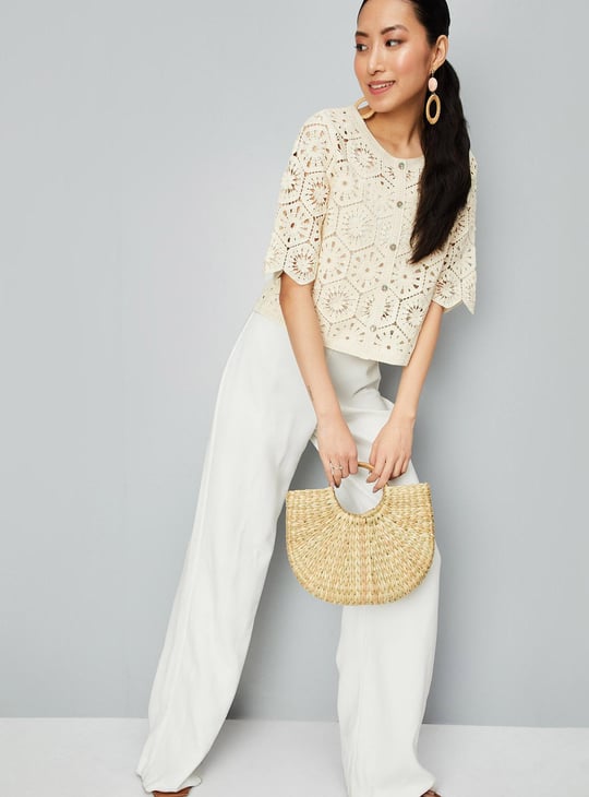 Women Knit Round Neck Crochet Top