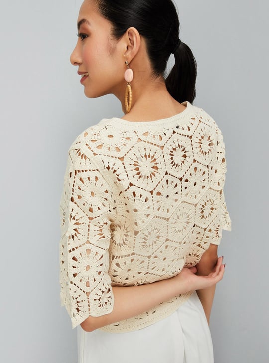 Women Knit Round Neck Crochet Top