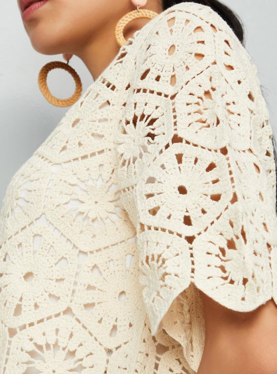 Women Knit Round Neck Crochet Top