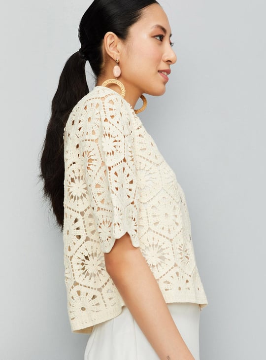 Women Knit Round Neck Crochet Top
