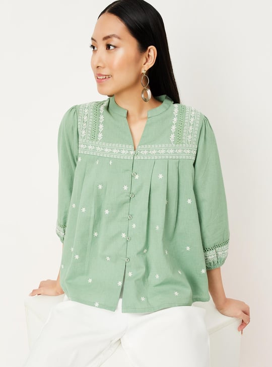 Women Embroidered Blouson Sleeve Blouse