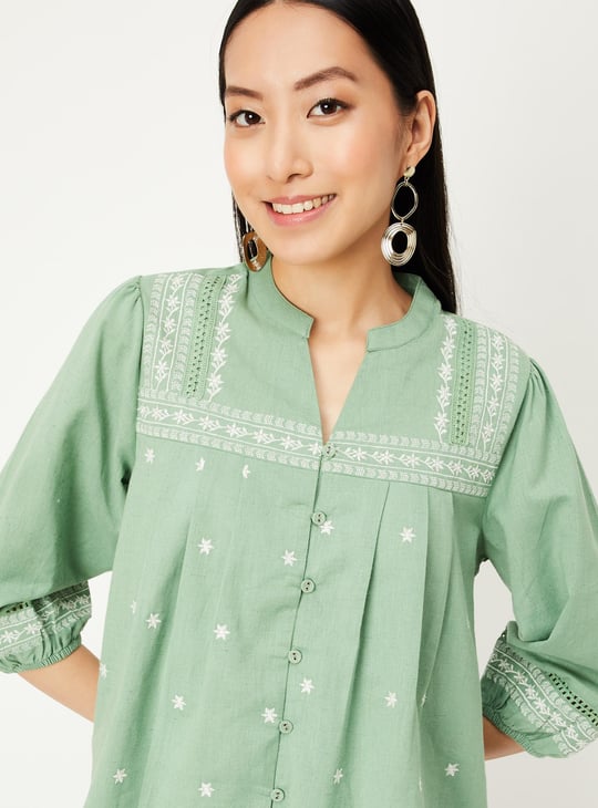 Women Embroidered Blouson Sleeve Blouse