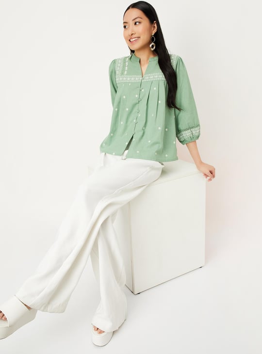 Women Embroidered Blouson Sleeve Blouse