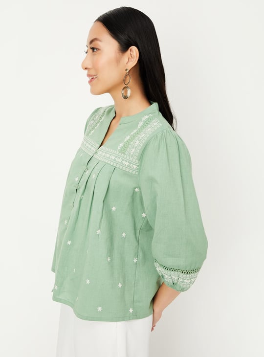 Women Embroidered Blouson Sleeve Blouse