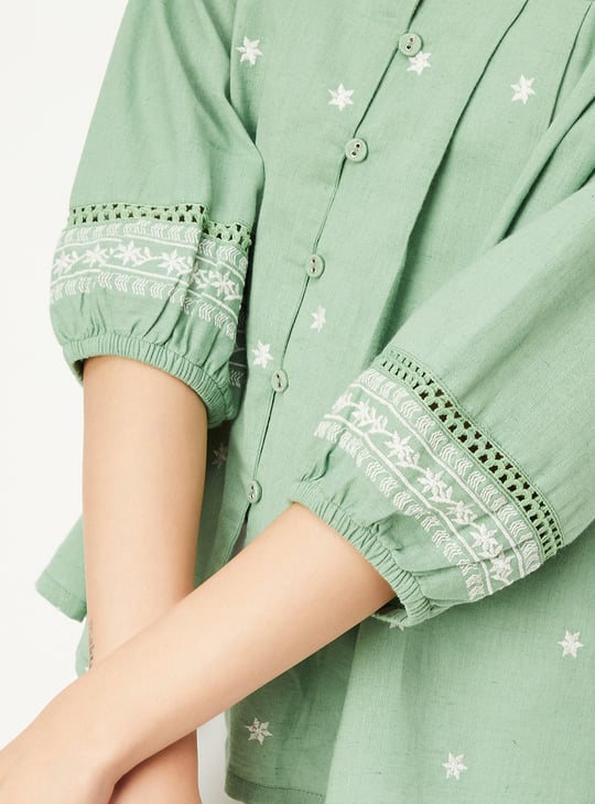 Women Embroidered Blouson Sleeve Blouse